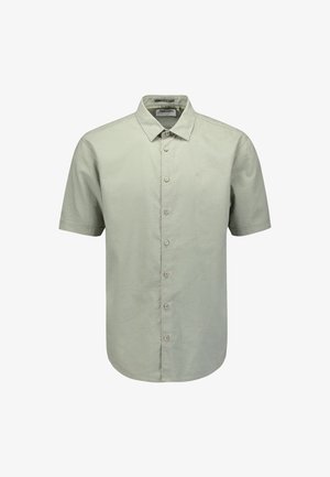 Korte mouwen overhemd met knopen van lichtgroene katoen; heeft een klassieke kraag en zeven knopen aan de voorkant, een gladde textuur zonder patronen.