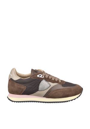 Brown and beige suede and fabric sneaker with beige laces, pink and cream sole, and a textured silver logo on the side.