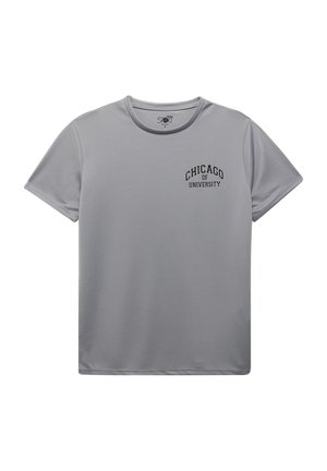 Grå T-shirt lavet af glat stof, med korte ærmer og rund hals. Den har sort tekst, der står "UNIVERSITETET I CHICAGO" på fronten.