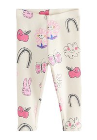 Leggings a coste in crema con motivi colorati che includono fiori, mele, farfalle, conigli e arcobaleni. Girovita elastico.