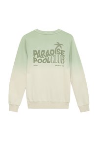 Lichtgroene tot roomkleurige gradient sweatshirt met de tekst "PARADISE POOL CLUB" en een palmboomontwerp. Ribgebreide manchetten en zoom. Zachte stoftextuur.