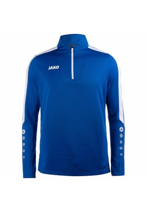 Blauw long-sleeve sportshirt met een halve rits kraag, witte accenten op de mouwen, textuur stof en ronde logo details op de manchetten.