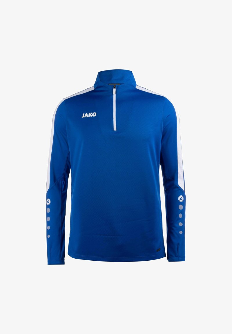 Blaues langärmeliges Sportshirt mit einem halblangen Reißverschluss-Kragen, weißen Akzenten an den Ärmeln, strukturiertem Stoff und runden Logodetails an den Manschetten.
