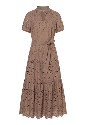 Brown midi dress with eyelet embroidery, short puff sleeves, V-neck, and tied waist belt, featuring a tiered skirt with scalloped hem.
