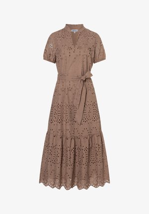 Brown midi dress with eyelet embroidery, short puff sleeves, V-neck, and tied waist belt, featuring a tiered skirt with scalloped hem.