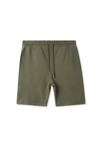 Pantaloni corti verde oliva con un elastico in vita, cordoncino regolabile e due tasche laterali. Realizzati in un tessuto morbido e leggero.