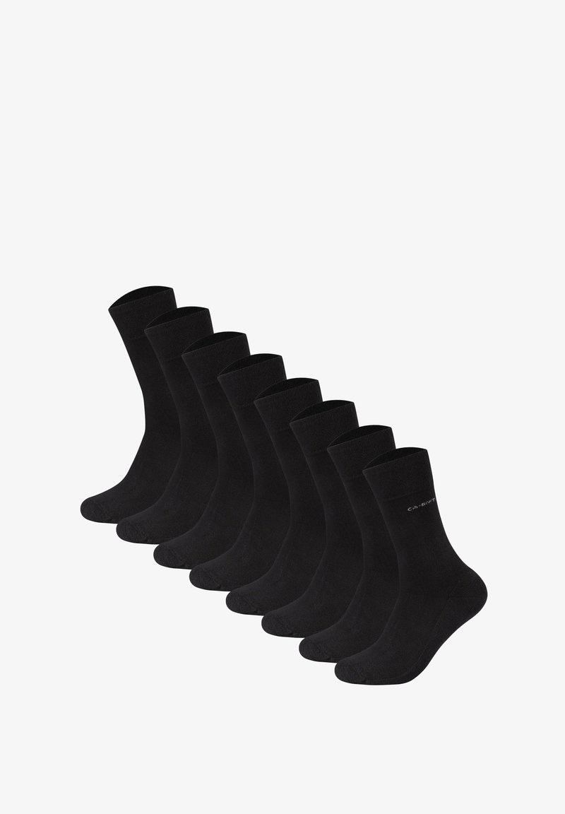 Calcetines de algodón negros en un paquete de diez. Presentan una longitud clásica hasta la mitad de la pantorrilla y una textura suave con puños acanalados. Sin patrones ni detalles metálicos.