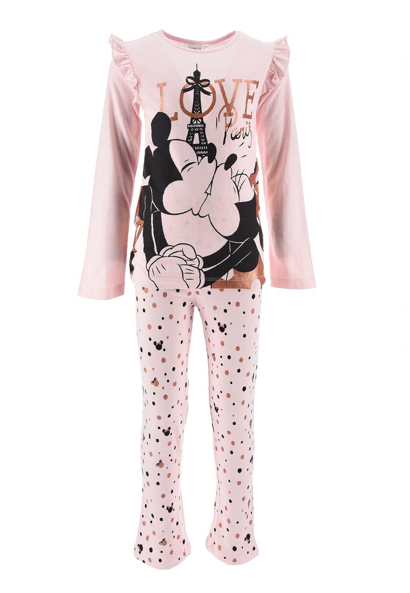 Conjunto de pijama de dos piezas en color rosa que incluye una parte superior de manga larga con volantes y un diseño gráfico, combinada con pantalones con estampado de lunares.