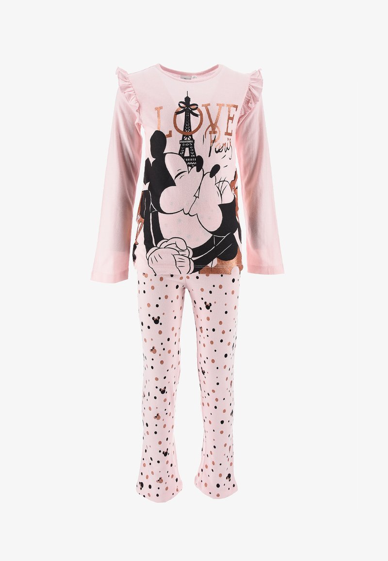 Conjunto de pijama de dos piezas en color rosa que incluye una parte superior de manga larga con volantes y un diseño gráfico, combinada con pantalones con estampado de lunares.