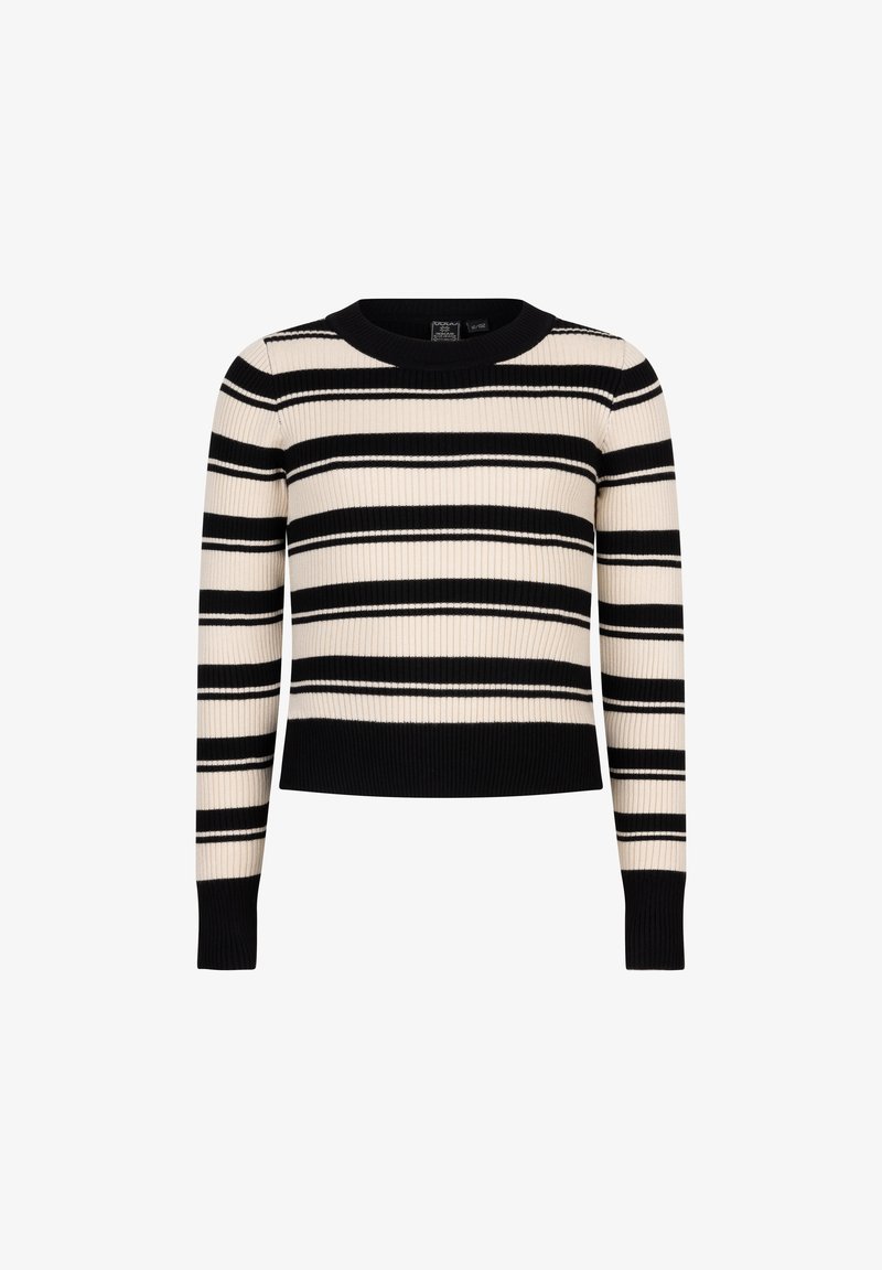 Gestreepte geribde trui met zwarte, crèmekleurige en witte horizontale strepen, een ronde halslijn en fitted lange mouwen met geribde manchetten.