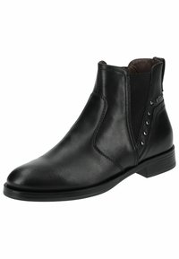 Black leather ankle boots featuring a smooth finish, elastic sides, and decorative silver studs on the outer side. Standard heel height.