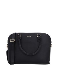 Musta keinonahkainen käsilaukku, jossa on kaksi ylhäällä olevaa kahvaa ja irrotettava olkahihna. Varustettu kultaisilla yksityiskohdilla ja sileällä, teksturoidulla pinnalla.