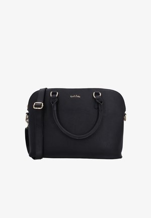 Borsa a tracolla nera in ecopelle con doppi manici superiori e tracolla staccabile. Presenta hardware color oro e una superficie liscia e texturizzata.