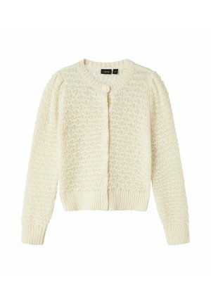 Cardigan en tricot ivoire avec manches longues, col rond, motif texturé, poignets et ourlet côtelés, et deux boutons sur le devant.