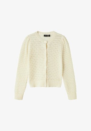 Cardigan en tricot ivoire avec manches longues, col rond, motif texturé, poignets et ourlet côtelés, et deux boutons sur le devant.