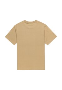 Beige Baumwoll-T-Shirt mit kurzen Ärmeln, Rundhalsausschnitt und schlichtem Design. Der Stoff hat eine glatte Textur und keine sichtbaren Muster oder Akzente.