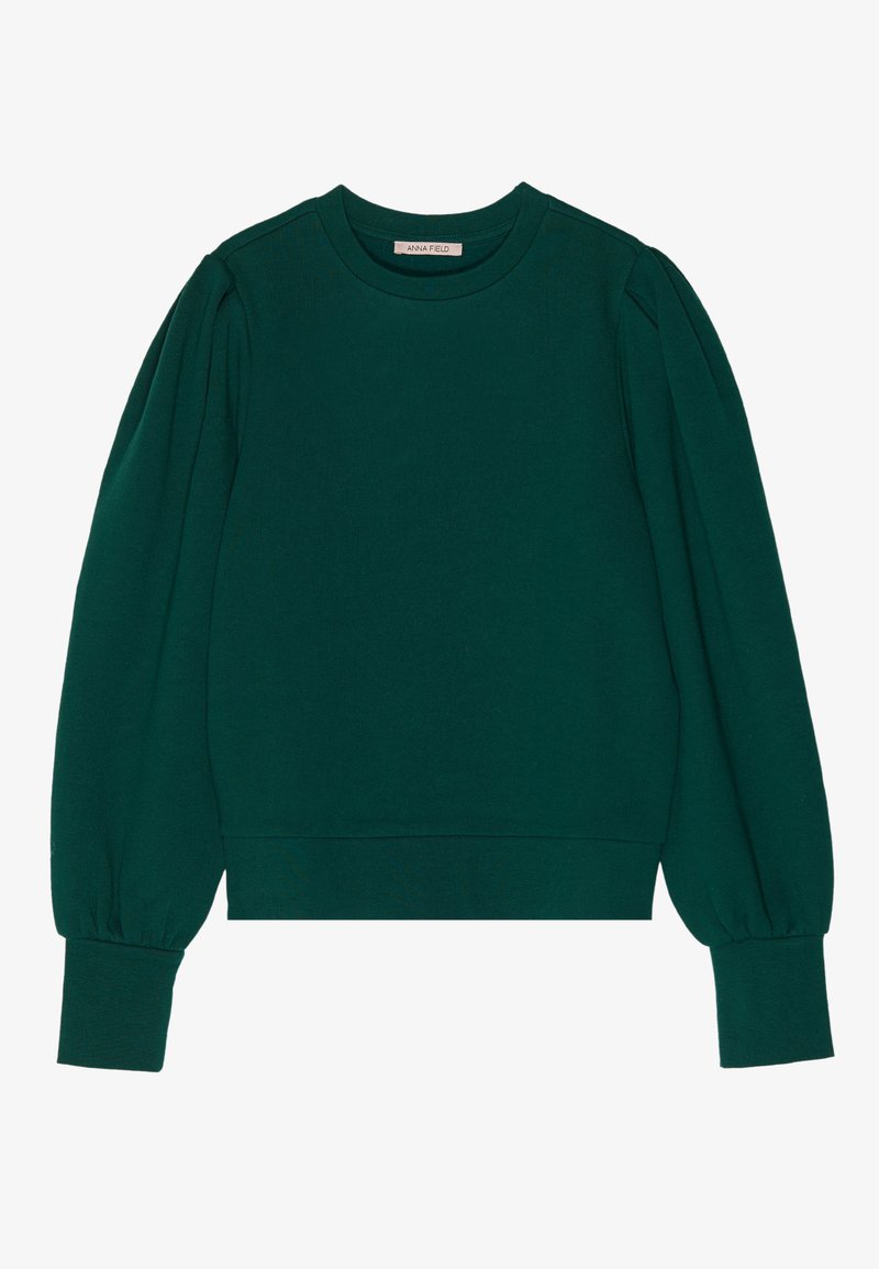 Green pullover sweatshirt with long, puffed sleeves, ribbed cuffs, and hem. Soft fabric with a smooth texture. Round neckline.