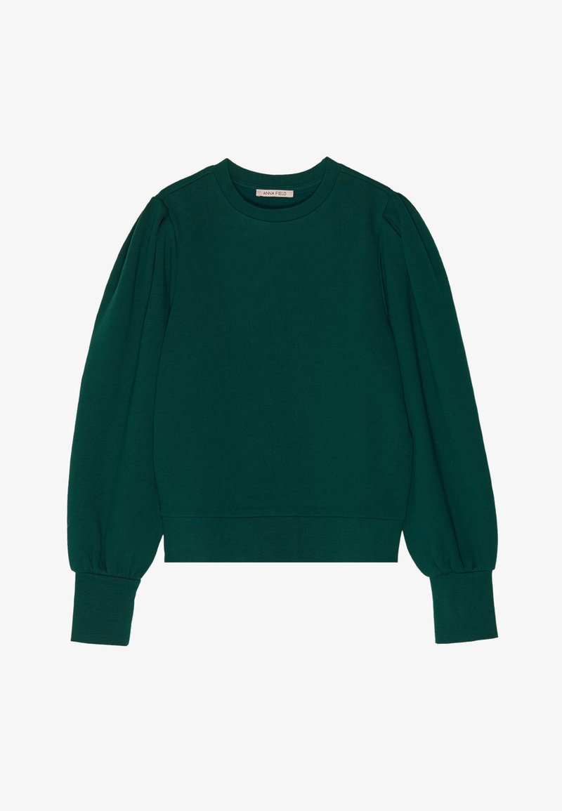 Roheline pusak, millel on pikad, puffed-varrukad, soonikkoes varrukasuudmed ja äär. Pehme kangas, millel on sile tekstuur. Ümmargune kaelus.