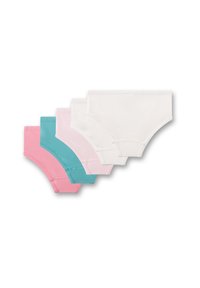 Vijf paar katoenen onderbroeken in roze, turquoise en wit. Elk heeft een effen kleur, een mid-rise ontwerp en elastische taillebanden.