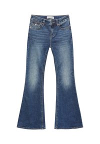 Jeans dżinsowe w kolorze średniego niebieskiego z efektem przetarcia. Charakteryzują się klasycznym pięciopocketowym wzorem oraz kontrastowym przeszyciem i zapięciem na guzik.