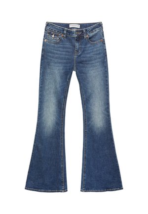 Jeans im Schlagstil aus mittlerem Blau mit Ausbleichungen. Sie verfügen über ein klassisches Fünf-Taschen-Design und Kontrastnähte mit einem Knopfverschluss.