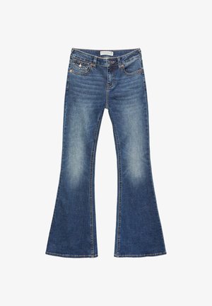 Džínové pohodlné kalhoty s rozšířením ve středně modré barvě s efektem vyblednutí. Obsahují klasický pět kapsový design a kontrastní stehy spolu s zapínáním na knoflík.