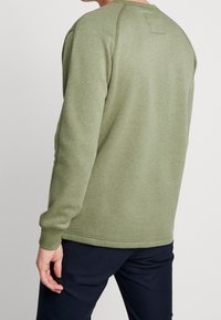 Sudadera de algodón verde con cuello redondo, puños acanalados y un detalle de cinta en la parte posterior. La tela tiene una textura suave y un ajuste informal.
