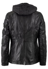 Zwarte leren jas met een capuchon, met een gladde afwerking, subtiele stikdetails en een ventilatieopening aan de onderkant voor extra bewegingsvrijheid.