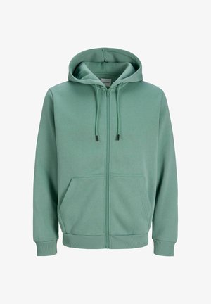 Svetlo zelena jopa z zadrgo, sprednjimi žepi, nastavljivim kapuco z vrvico ter robovi na manšetah in spodnjem delu.