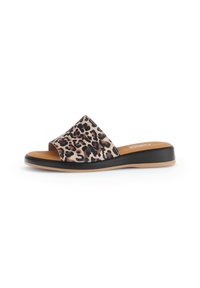 Infradito con stampa leopardo, con ampia punta aperta, suola nera e soletta marrone chiaro. Texture liscia e design casual per un facile utilizzo.