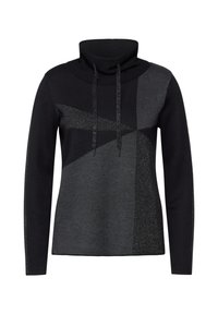 Maglione nero e grigio scuro con colletto a cowl e cordini, con una finitura testurizzata e motivi geometrici.