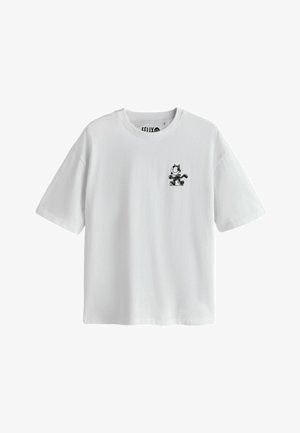 Weißes T-Shirt mit kurzen Ärmeln, einem kleinen schwarzen Cartoon-Katzenmotiv auf der linken Brust und einem Rundhalsausschnitt.