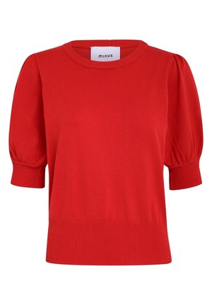 Maglione corto a maniche corte di colore rosso, con scollo rotondo e maniche a sbuffo. Orlo e polsini a costine, texture liscia e design dell'etichetta minimalista.