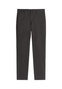Ciemnoszare chinosy wykonane z bawełny o gładkiej fakturze. Posiadają zapięcie na guzik, dwie boczne kieszenie oraz zwężane nogawki.