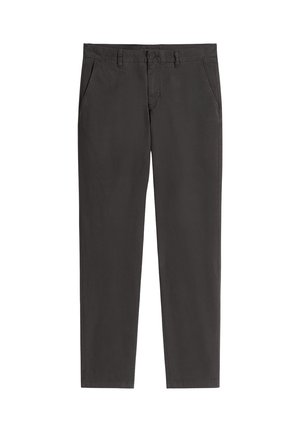 Dunkelgraue Chinos aus Baumwolle mit glatter Textur. Sie verfügen über einen Knopfverschluss, zwei Seitentaschen und verjüngte Beine.