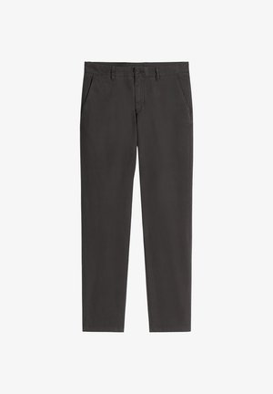 Dunkelgraue Chinos aus Baumwolle mit glatter Textur. Sie verfügen über einen Knopfverschluss, zwei Seitentaschen und verjüngte Beine.