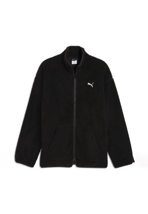 Chaqueta de forro polar negra con cremallera completa, cuello alto, dos bolsillos frontales y un logotipo blanco en la parte superior izquierda. Textura suave.