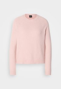 Pull en laine doux, rose clair, avec un col rond, des poignets et un ourlet côtelés. Présente un design simple sans motifs ni embellissements.