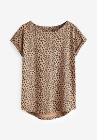 Kortærmet t-shirt lavet af blødt stof, med en lysebrune bund og mørkebrune leopardpletter, rund halsudskæring og buet kant.