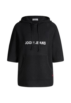 Schwarzer kurzärmeliger Mesh-Hoodie mit Fronttasche, Kordeln und weißem "JOOP! JEANS" Schriftzug auf der Brust.