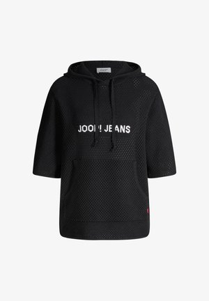 Zwarte korte mouw mesh hoodie met voorzak, trekkoorden en witte "JOOP! JEANS" tekst op de borst.