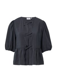 Dunkelgraues Blusentop aus leichtem Stoff, mit rundem Halsausschnitt, Puffärmeln und dekorativen Schleifen auf der Vorderseite. Peplum-Silhouette.
