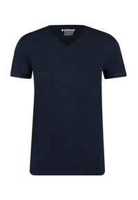Navyblauwe V-hals T-shirt met korte mouwen, slim fit en een label zonder tag aan de binnenkant van de hals.