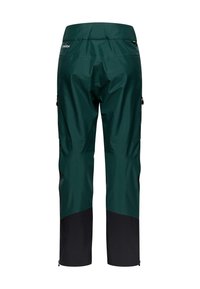 Waterdichte broek in donkergroen met zwarte onderaccenten. Heeft zijzakken met rits en een gladde, glanzende textuur.