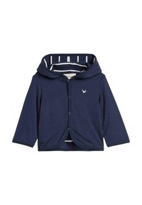 Felpa blu navy, realizzata in tessuto morbido, presenta maniche lunghe, una chiusura con bottoni e una fodera interna a righe. Logo di un uccellino ricamato.