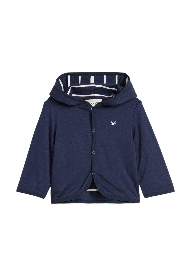 Felpa blu navy, realizzata in tessuto morbido, presenta maniche lunghe, una chiusura con bottoni e una fodera interna a righe. Logo di un uccellino ricamato.