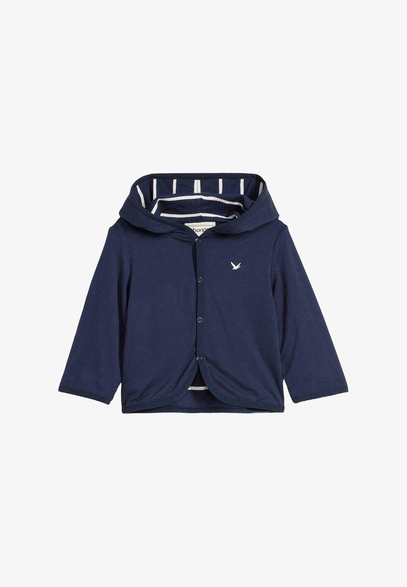 Felpa blu navy, realizzata in tessuto morbido, presenta maniche lunghe, una chiusura con bottoni e una fodera interna a righe. Logo di un uccellino ricamato.