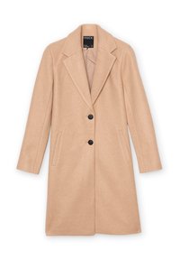 Abrigo de mezcla de lana beige con solapas, dos botones negros y bolsillos laterales. La tela tiene una textura suave y una silueta estructurada.