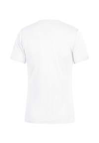 T-shirt bianco di cotone a maniche corte con scollatura tonda e texture liscia e semplice. Nessun logo o motivo visibile. Vista posteriore mostrata.