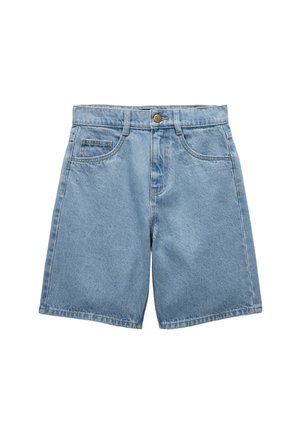 Short en denim bleu clair avec poches avant, passants de ceinture et fermeture à bouton, présenté sur fond blanc.